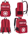 Fully Stocked All In One First Aid Kit Backpack With 400 Pieces Of Survival Gear For Car Travel Home And Camping Gauze Ice Packs Emergency Blanket Bandages Tourniquet First Aid Manual And More in red with four compartments shown from different angles