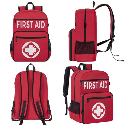 Fully Stocked All In One First Aid Kit Backpack With 400 Pieces Of Survival Gear For Car Travel Home And Camping Gauze Ice Packs Emergency Blanket Bandages Tourniquet First Aid Manual And More in red with four compartments shown from different angles