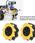Omnidirectional Mecanum Wheel For DIY Robotics, 80mm Size, yellow black finish, four-wheel drive, robot with drift and tilt.