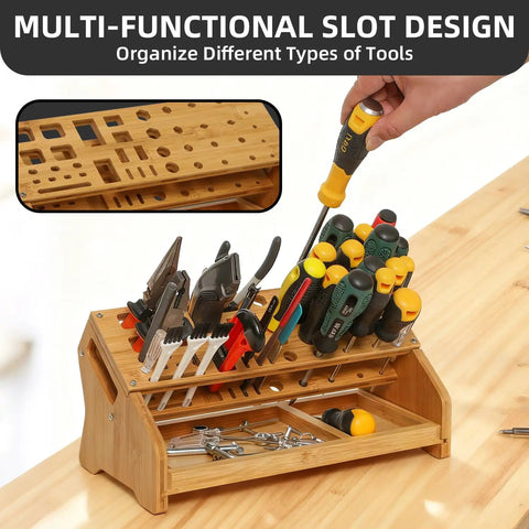 Eco Friendly Bamboo Screwdriver Organizer and Tool Storage Rack for Workbench and Desktop with tools inserted.