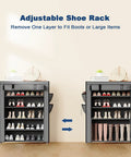 Gray 6 Tier Shoe Rack With Cover, Large Capacity Shoe Organizer with adjustable shelves for boots, shown with shoes