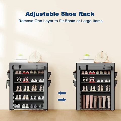 Gray 6 Tier Shoe Rack With Cover, Large Capacity Shoe Organizer with adjustable shelves for boots, shown with shoes