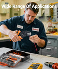 Technician using Ratcheting Crimp Tool Kit For AWG 28 To 16 And 0.08 To 1.5 Millimeter Square Connectors with tool case.