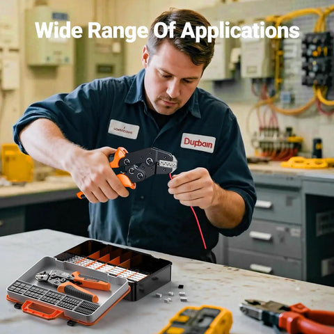 Technician using Ratcheting Crimp Tool Kit For AWG 28 To 16 And 0.08 To 1.5 Millimeter Square Connectors with tool case.