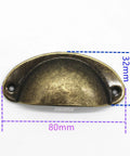 Antique Brass Iron Seashell Drawer Pull with measurements, part of 30-piece set, 81mm length, 67mm center, vintage hardware.