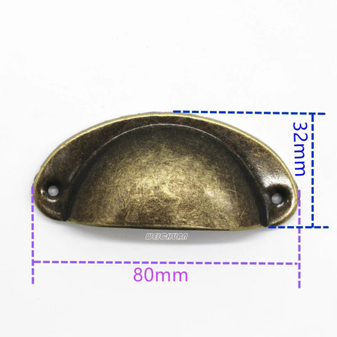 Antique Brass Iron Seashell Drawer Pull with measurements, part of 30-piece set, 81mm length, 67mm center, vintage hardware.