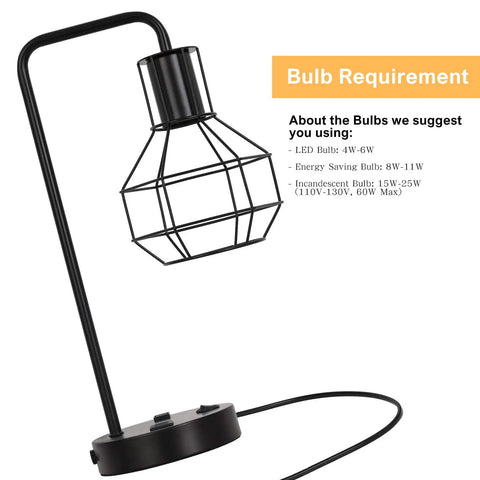 USB Powered Modern Table Lamp With Built In Outlet Industrial Farmhouse Bedside Desk Light For Bedroom Office Living Room Black Finish Space Saving Design Bulb Not Included showing bulb requirements.