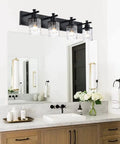 4 Light Matte Black Bathroom Vanity Lights Over Mirror With Clear Glass Grid Shades, Dope Modern Farmhouse Wall Sconce Fixtures