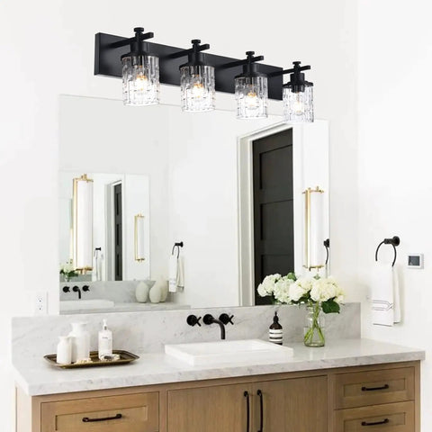 4 Light Matte Black Bathroom Vanity Lights Over Mirror With Clear Glass Grid Shades, Dope Modern Farmhouse Wall Sconce Fixtures
