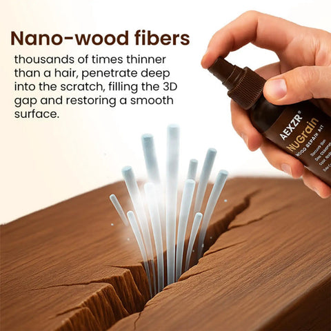 Close-up of Super Easy Wood Repair Kit For Furniture And Floors No Sanding Scratch Remover with nano-wood fibers on a wooden surface