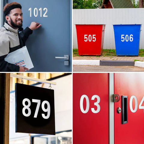 Large 3 Inch Reflective Mailbox Numbers Set With 30 Waterproof Vinyl Digits on doors, bins, and signs for outdoor use