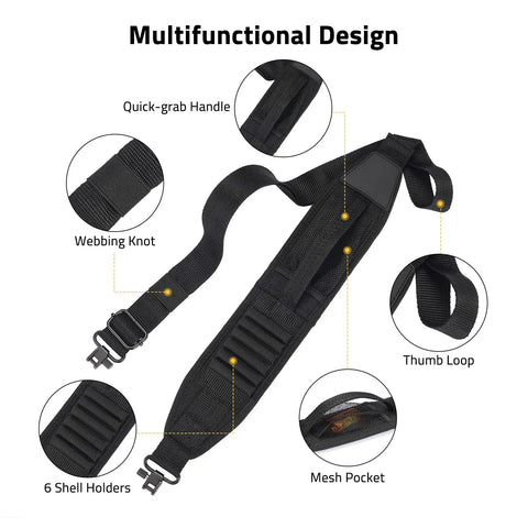 Two Point Shotgun Sling With 6 Shell Holders For 20 Gauge, Non Slip Shoulder Pad, Quick Grab Handle, Mesh Pocket, Black Design