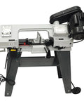 Heavy Duty Benchtop Horizontal Vertical Bandsaw, 110V 1/2HP Metal Cutting Saw With Adjustable Guides, close-up view of saw motor and blade.