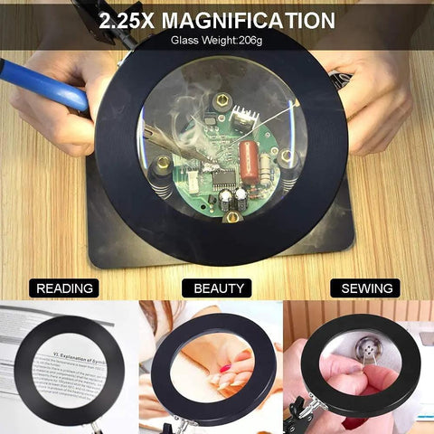 Soldering Desk Magnifier with Heavy Duty Base Adjustable Swivel Arm 5 Diopter Real Glass Lens Three Color LED Modes PCB Holder