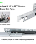 Detail of Six Pairs 16 Inch Soft Close Undermount Drawer Slides with 1.6mm steel, fits 1/2" to 5/8" panel thickness, extended damper visible.