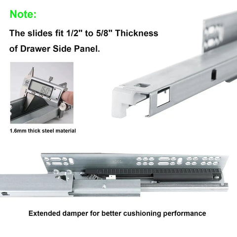 Detail of Six Pairs 16 Inch Soft Close Undermount Drawer Slides with 1.6mm steel, fits 1/2" to 5/8" panel thickness, extended damper visible.