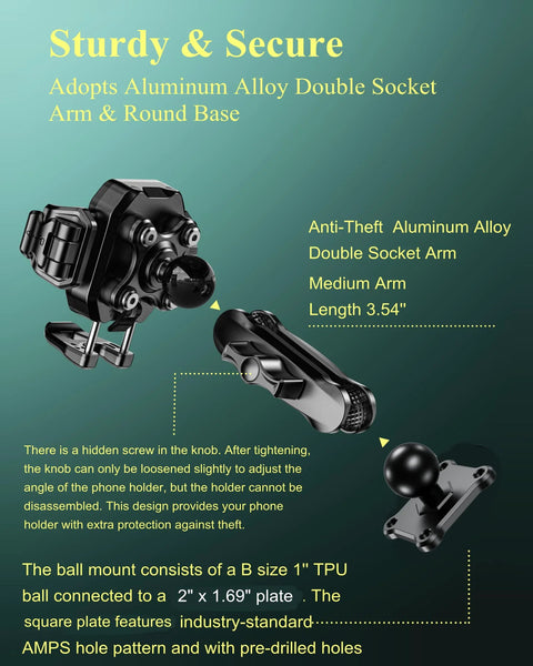 Anti-Theft Phone Mount With Vibration Dampener And 1 Second Lock Release Cam Friendly Aluminum Arm And Square Base For Cars Boats Trucks Motorcycles ATVs UTVs Fits 5.4 To 7.2 Inch Phones Secure Shock Absorbing Grip showing components of aluminum double socket arm and round base.