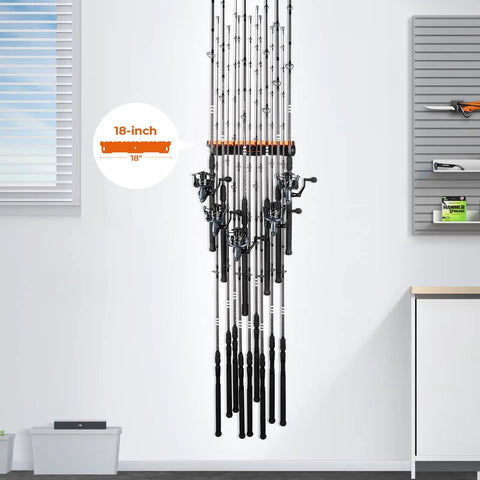 Heavy Duty Vertical Fishing Rod Holder Wall Mounted Rack Hooks Up 15 Large Rods Or Rod And Reel Combos In Just 18 Inches