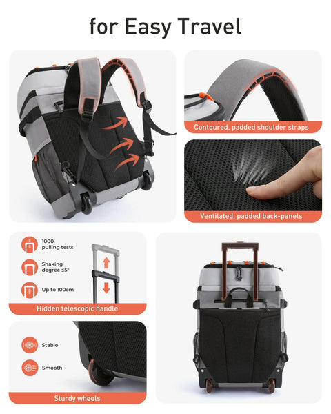 Rolling Cooler Backpack For 50 Cans With Dual Deck And Dual Bar Handles Soft Travel Cooler Bag With Wheels 30L Beach Cooler Telescoping Handle Up To 39.5 Inches Black with features overview
