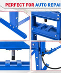 10 Ton Hydraulic H Frame Shop Press With Adjustable Worktable And Dual Steel Plates For Heavy Metal Straightening and Bearing Install - Close up of blue steel frame and adjustment features.