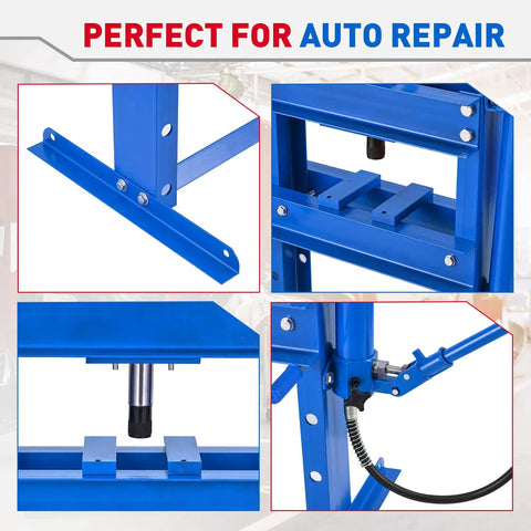 Heavy Duty 10 Ton Hydraulic Shop Press H Frame Garage Rig With Adjustable Cylinder Pressure Gauge And Steel Plates showing detailed blue frame parts.