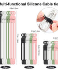 30 Pack Silicone Cable Ties Set in assorted colors and sizes, shown securing cables, made of reusable elastic wire ties for cables and electronics.