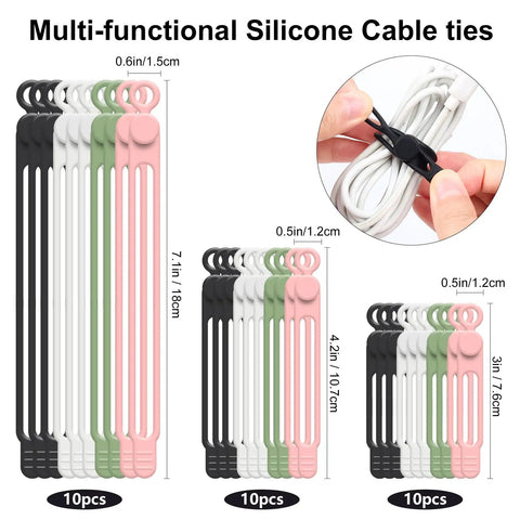 30 Pack Silicone Cable Ties Set in assorted colors and sizes, shown securing cables, made of reusable elastic wire ties for cables and electronics.