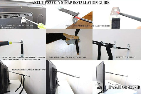 Heavy Duty Metal Anti Tip Straps installation guide showing steps for securing furniture with adjustable wall anchors.