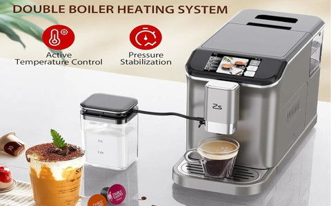 Pull The Perfect Shot With This Fully Automatic Espresso Machine Featuring Built In Grinder And Milk Frother Steam Wand For Smooth Daily Grinds And Top Shelf Sips Grey with double boiler system and coffee.