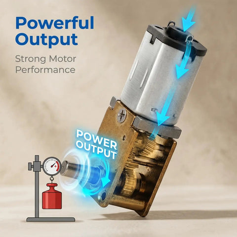Micro DC Geared Electric Motor with tiny gear reducer showing powerful output and durable gear train for robotics projects.