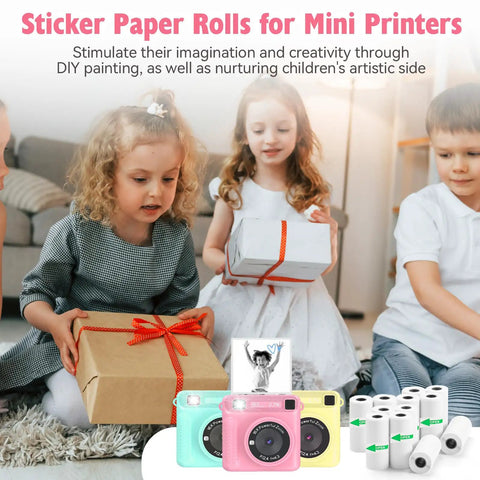 12 Rolls Mini Thermal Sticker Paper For Kids Instant Cameras, HD 2.2 Inch Thermal Paper Refills, white roll pack shown with kids cameras