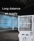 Slick Portable Evaporative Swamp Cooler With Huge Tank, three no fuss settings and smart water alert, showing long distance air supply.