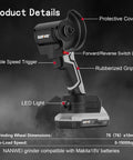3 Inch Cordless Brushless Angle Grinder With LED Light showing variable speed trigger and grip features