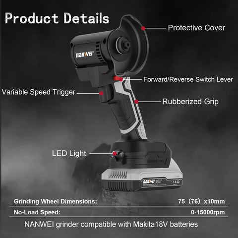 3 Inch Cordless Brushless Angle Grinder With LED Light showing variable speed trigger and grip features