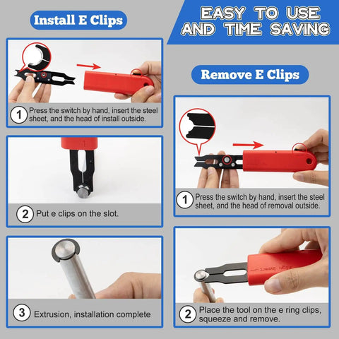 Instructional diagram showing Pro Grade E Clip Snap Ring Kit With Removal And Installation Tool Four Size Set for easy install and removal.