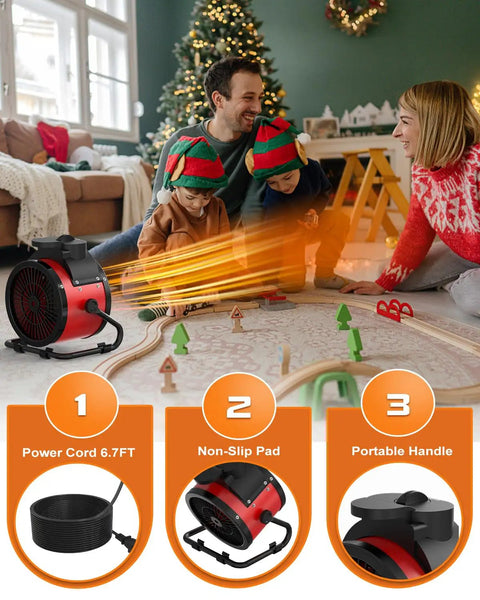 Family in living room with Portable 1500W Electric Heater With 2 Second Fast Heat, 3 Modes, Overheat Protection, PTC Ceramic Heating And 2600 RPM High Speed Fan For Outdoors, Patio, Tents And Indoors, Red placed on floor.