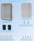 Front view of LuSumtly waterproof ABS junction box, clear hinged lid, mounting plate, wall brackets and cable glands