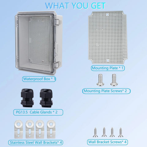 Front view of LuSumtly waterproof ABS junction box, clear hinged lid, mounting plate, wall brackets and cable glands