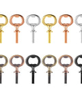 Front view of 12 metal bottle opener inserts with circular ring and threaded stems in gold, rose gold, silver, black.