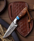 Damascus Cowboy Knife With Rosewood Handle And Leather Pancake Sheath A Fixed Blade Built Tough For Hunting Camping Bushcraft And Outdoor Survival