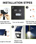 Installation guide for 30 LED Solar Powered Outdoor Flood Light with IP65 waterproof build, showing five-step setup process