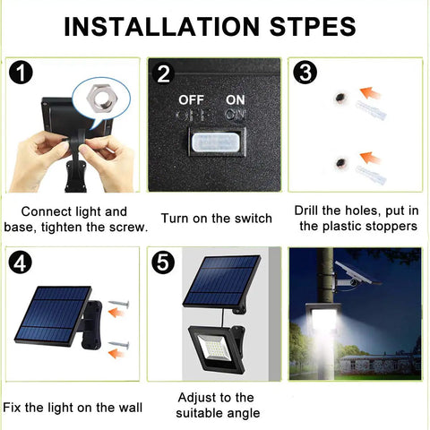 Installation guide for 30 LED Solar Powered Outdoor Flood Light with IP65 waterproof build, showing five-step setup process