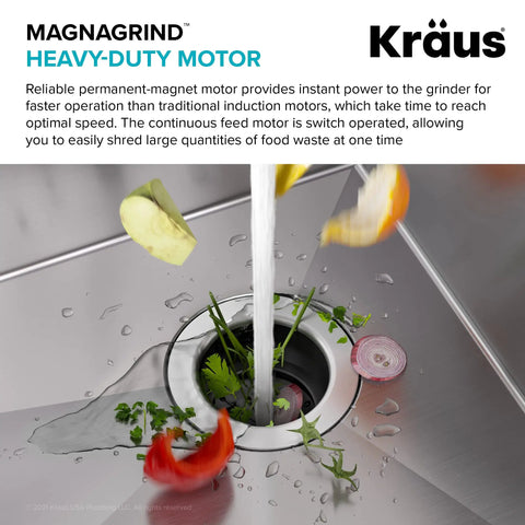 WasteGuard Beefy 3/4 HP Ultra Quiet Garbage Disposal with veggie scraps in sink, Quick Connect system demonstrated