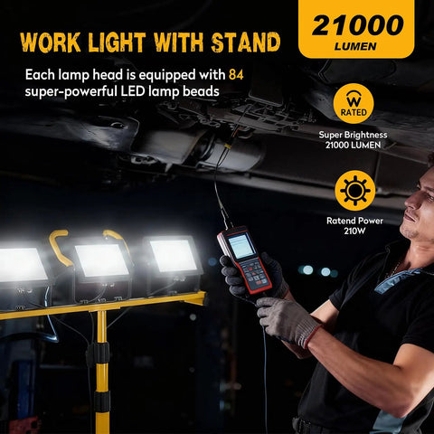 Premium 21000 Lumen Led Work Light With Retractable Tripod Stand And Extended 16 Foot Power Cord, close-up view of three heads with LED lamp beads.
