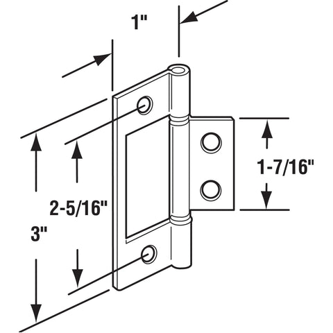 Technical diagram showing dimensions of Bi-Fold Door Hinge Non-Mortise Matte Black 2 Pack By Prime-Line Heavy-Duty Stamped Steel Hinges.