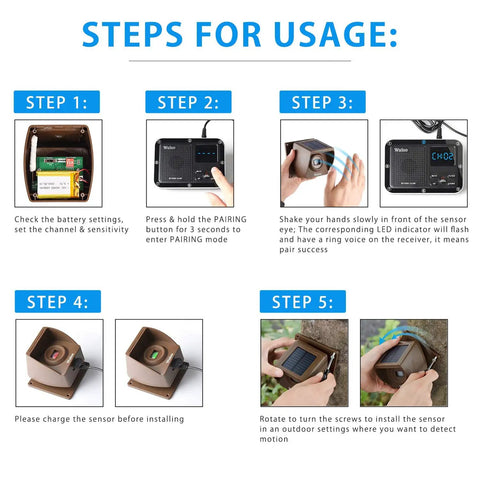 Instructions for setting up Wireless Driveway Alarm System with Outdoor Motion Sensor, including charging and pairing steps.