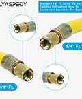 Refrigerant hose, close-up view, 6 ft, yellow with brass 1/4 in flare fittings on both ends, vacuum-certified.