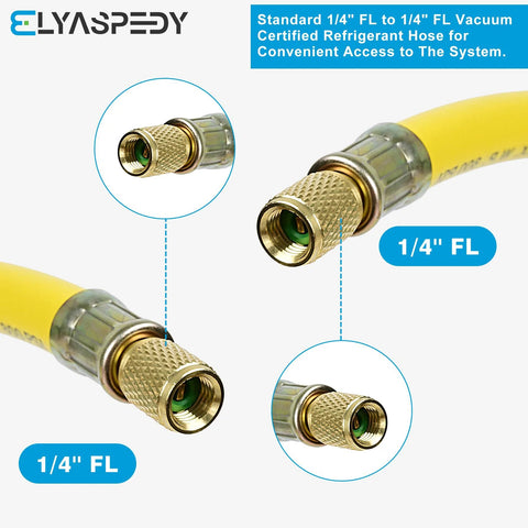 Refrigerant hose, close-up view, 6 ft, yellow with brass 1/4 in flare fittings on both ends, vacuum-certified.
