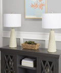 Ivory Textured Ceramic Table Lamps Set Of 2 With Inverted Diamond Bases on console