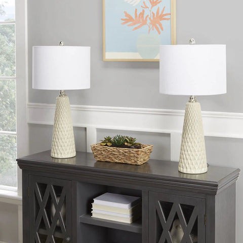 Ivory Textured Ceramic Table Lamps Set Of 2 With Inverted Diamond Bases on console